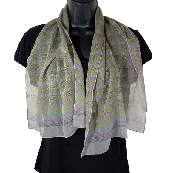 Vintage Echo Scarf, Sheer Green and Purple Plaid, Long Rectangle Retro - Picture 6 of 6